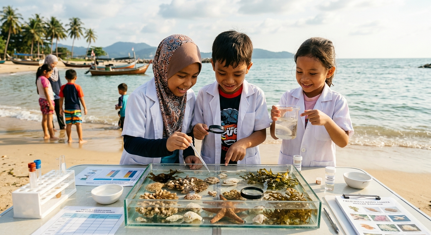 Children exploring a tidepool at the shoreline with nets and collecting buckets