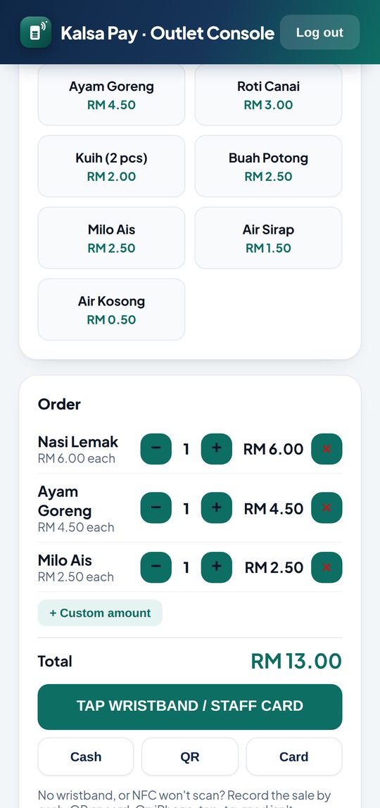 The Kalsa Pay counter on a phone: canteen menu, the order and a Tap staff card button